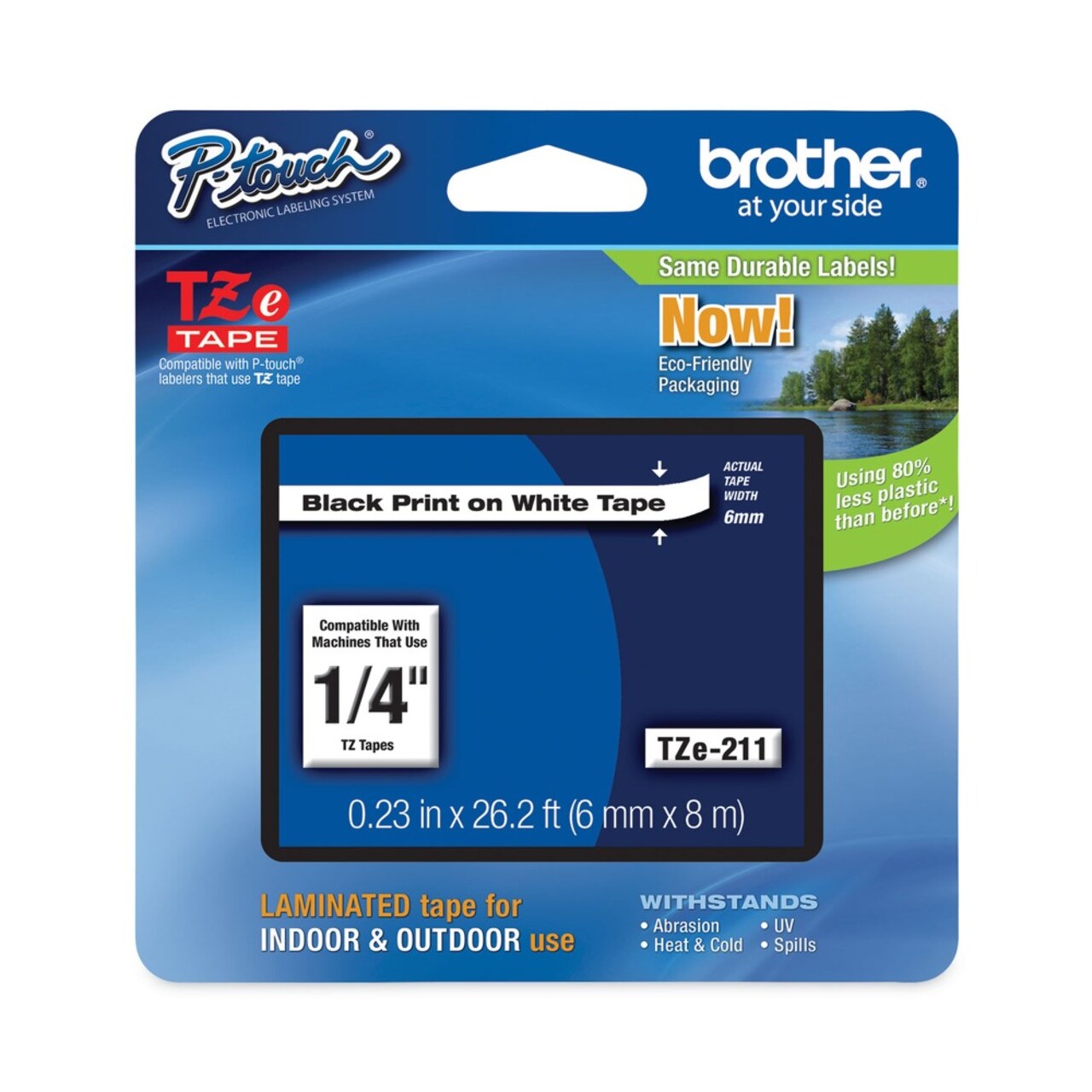 Brother P-Touch 0.23 in. x 26.2 ft. TZe Standard Adhesive Laminated Labeling Tape - Black on White